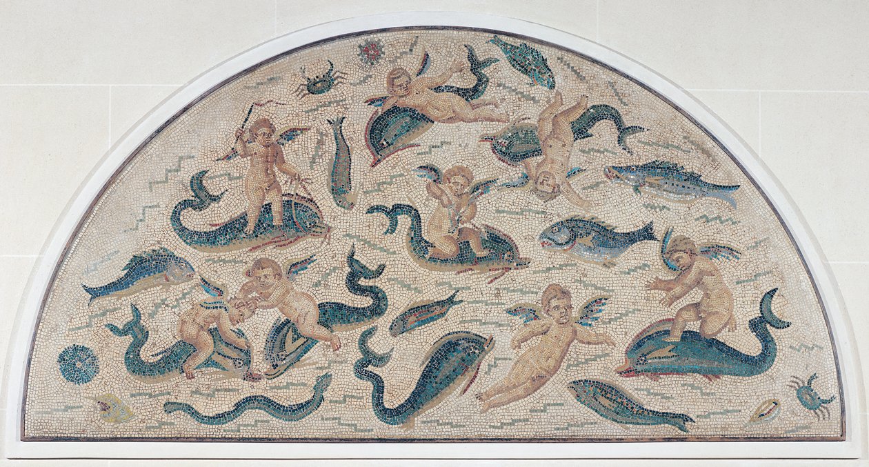 Ámor, delfinek és tengeri élet Uticából, Észak-Afrikából (mozaik) alkotó: Roman