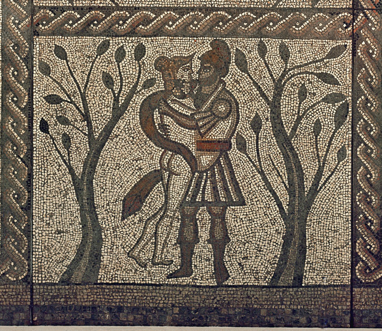 Dido és Aeneas ölelkezve, a Low Ham-i római villa mozaikjárdájáról, Kr.u. 350 körül 5959-ből származó mozaikrészlet alkotó: Roman