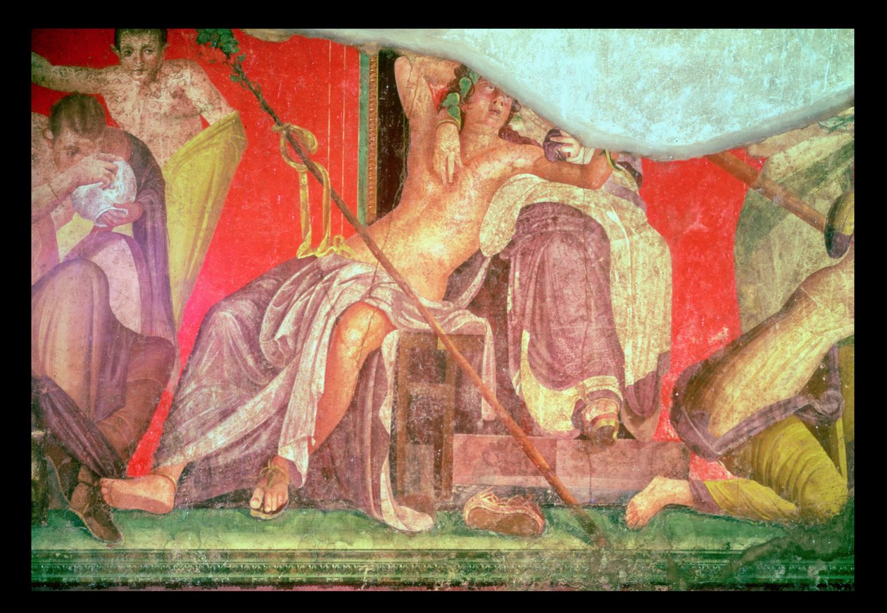 Dionüszoszi kíséret, Dionüszosz egy nő (valószínűleg Ariadné, Aphrodité vagy Szemele) ölében fekve, keleti fal, Oecus 5, Kr. e. 60-50. alkotó: Roman