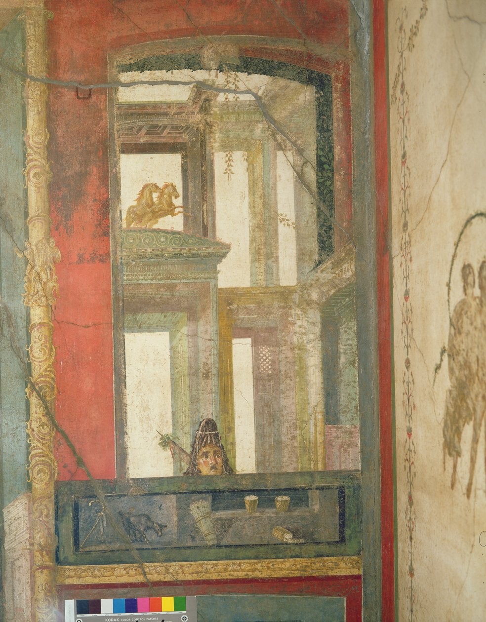Fantasztikus építészet két lóval és egy színházi maszkkal, a Case dei Vettii-ből (Vettik háza) i.sz. 50-79 körül alkotó: Roman