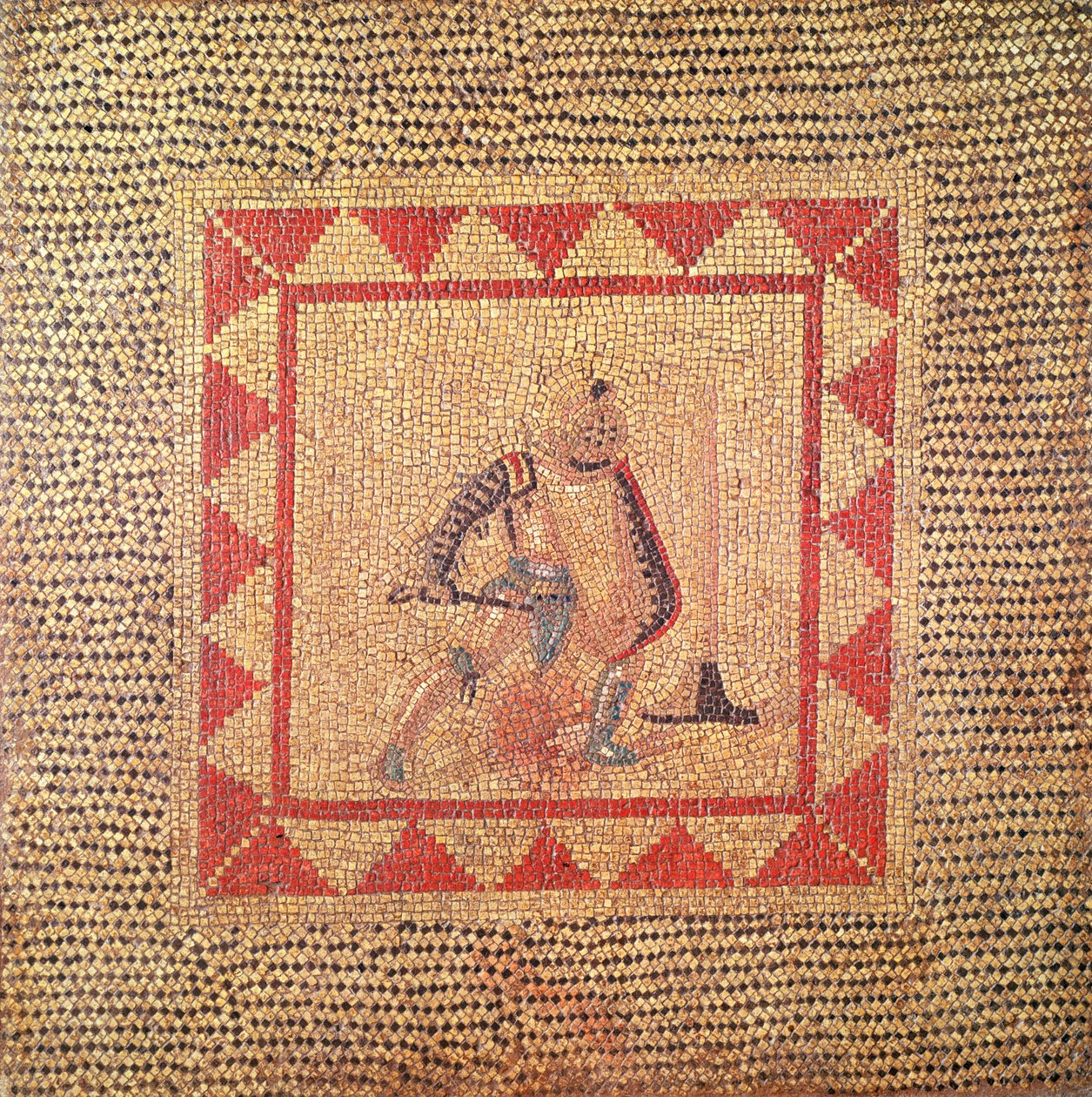 Gladiátort ábrázoló padló, Flace-ből (mozaik) alkotó: Roman