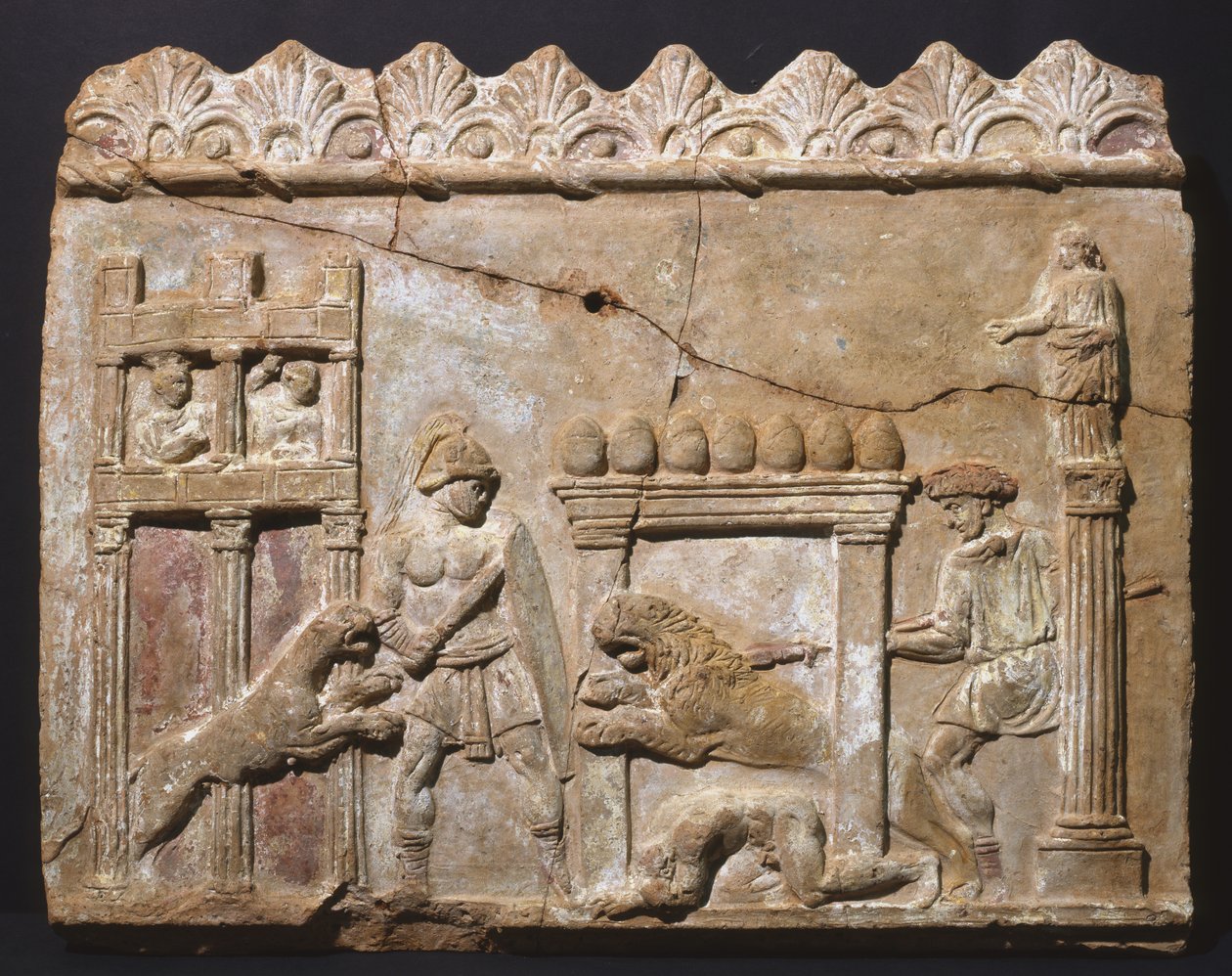 Oroszlánok és gladiátorok az arénában (terrakotta) alkotó: Roman
