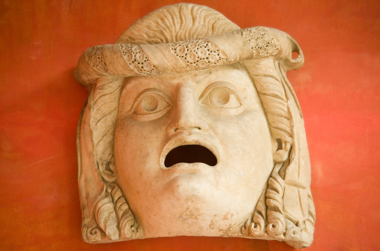 Maszk nyitott szájjal, római császárkori (i.e. 30-500) (márvány) alkotó: Roman