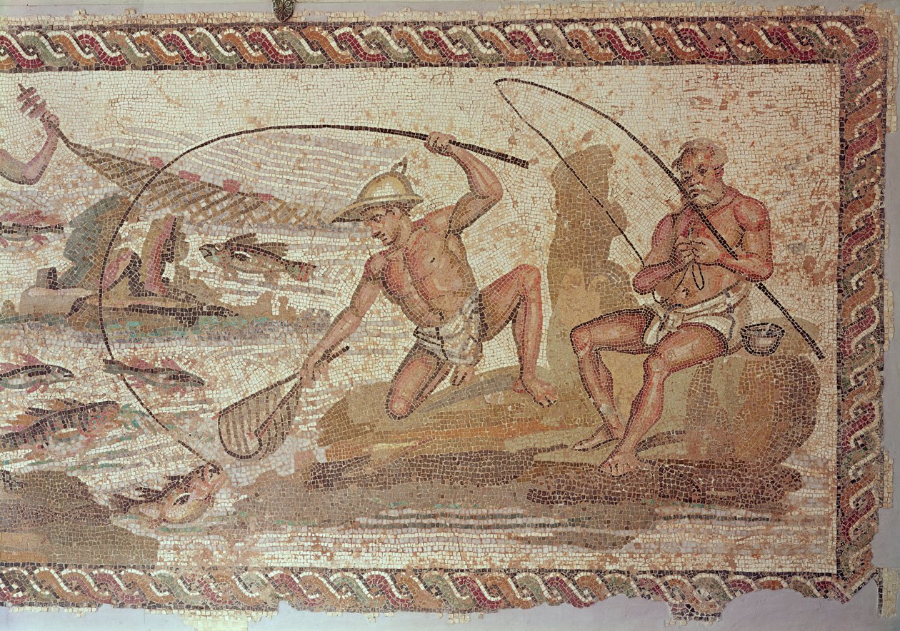 Férfiak horgásznak a Níluson, a Villa Nile-ból, Leptis Magna (mozaik) alkotó: Roman