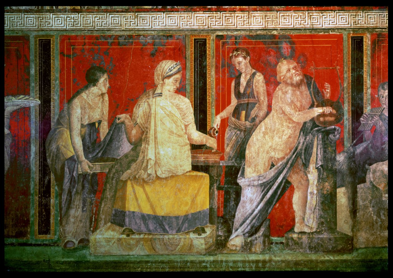 Tálca ételt cipelő miniszter Silenusszal, aki lírát játszik, és egy fiatal szatírral, aki Syrinxet játszik, North Wall, Oecus 5, ie 60-50 alkotó: Roman