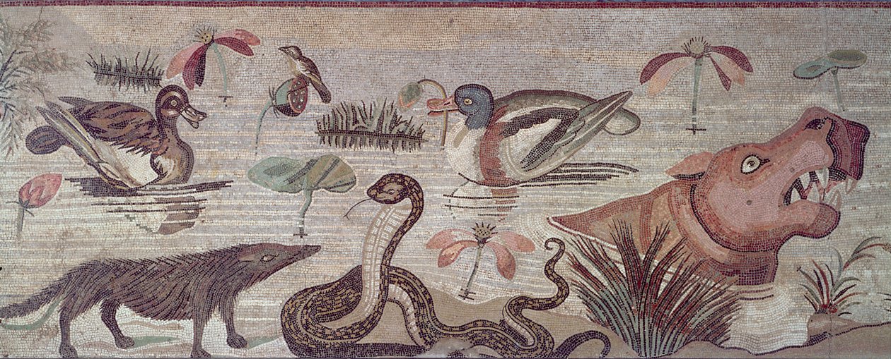 Nílusi jelenet, kacsa, kígyó és víziló részlete, a Casa del Fauno Faun Pompeii mozaikházából alkotó: Roman
