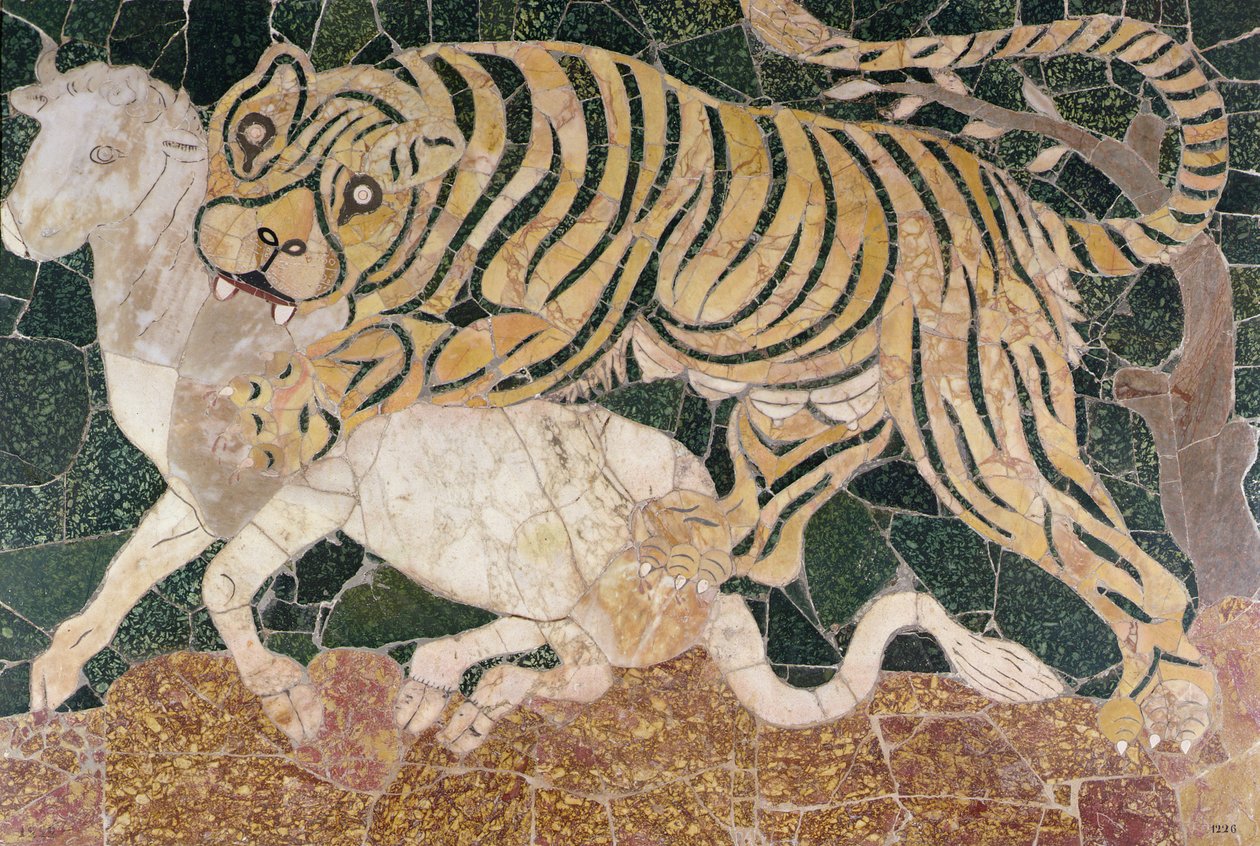 Támadó tigrist ábrázoló panel (márvány) alkotó: Roman