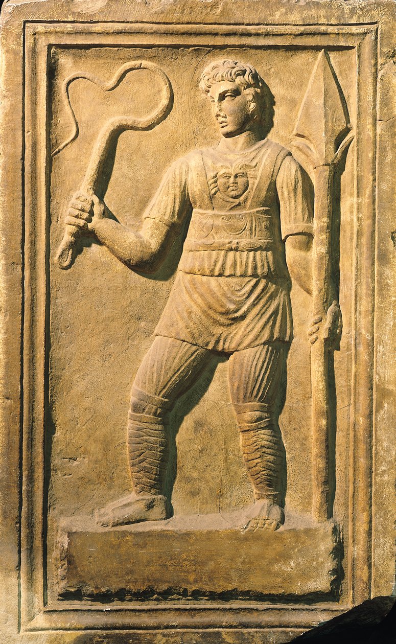 Korbácsot és lándzsát tartó gladiátort ábrázoló dombormű alkotó: Roman