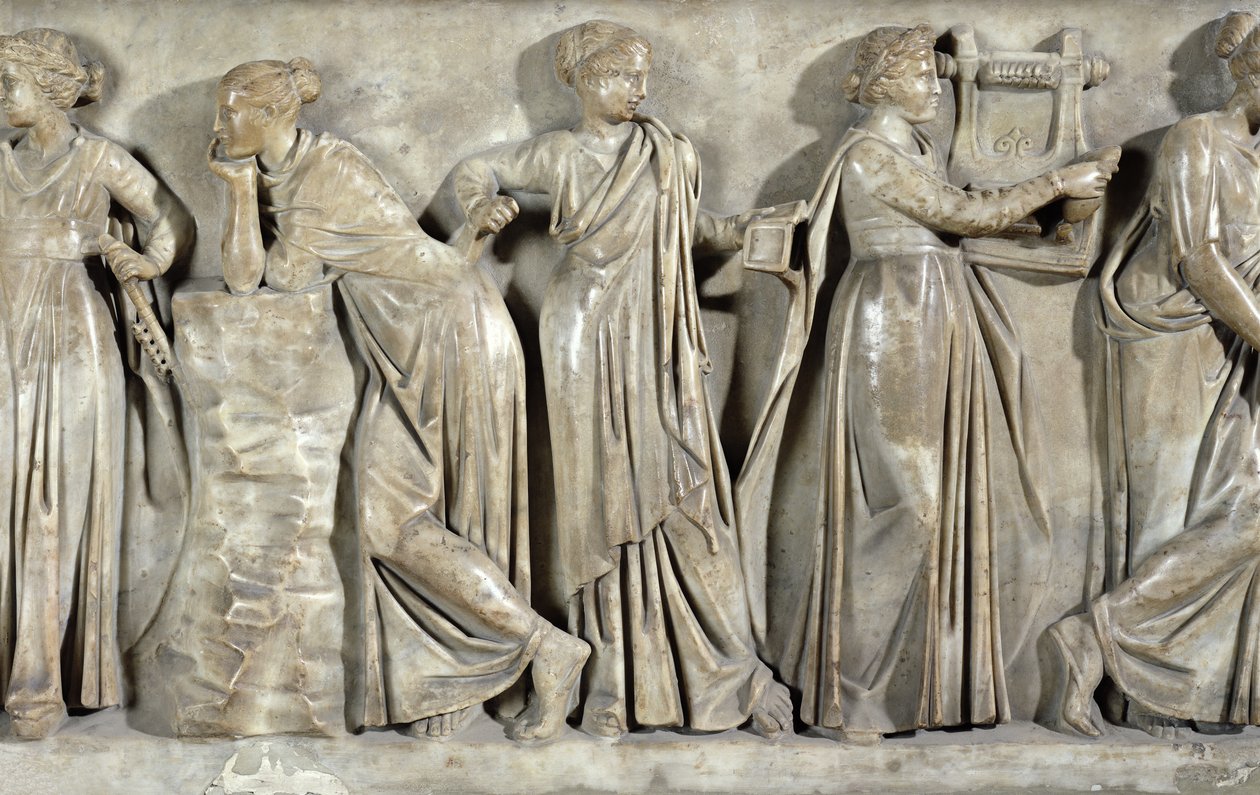 A múzsák szarkofágja, Calliope, Polyhymnia és Terpsichore részlete, i.sz. 160 körül (márvány) alkotó: Roman