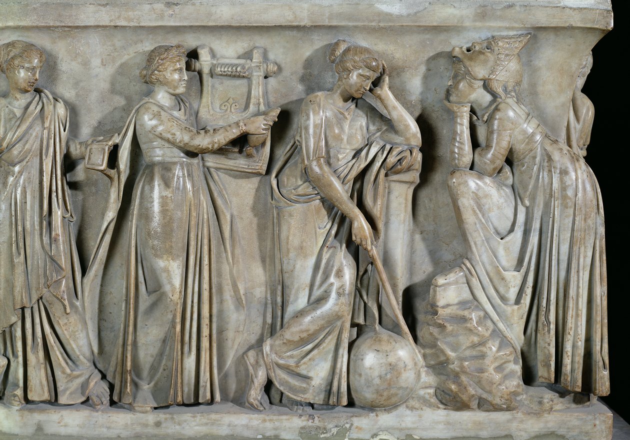 A múzsák szarkofágja, Terpsichore-t, Urániát és Melpomenét ábrázoló részlet, i.sz. 160 körül (márvány) alkotó: Roman