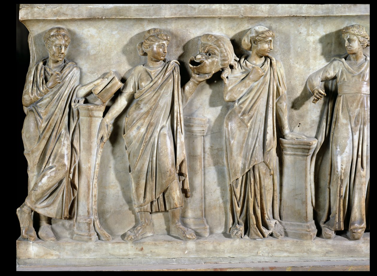 A múzsák szarkofágja, Clio, Thalia és Erato részlete, 160 körüli márvány alkotó: Roman