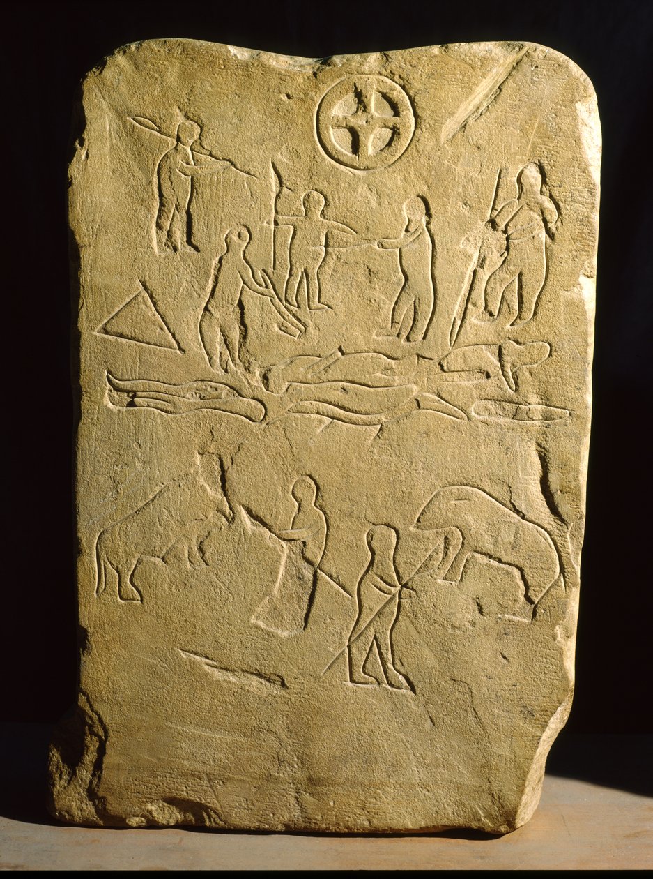 Stela harci és vadászatjelenetekkel, Novarioból (homokkő) alkotó: Roman
