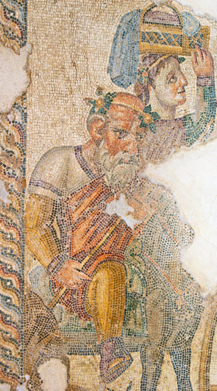 Dionüszosz diadalmas menete, a szamárján lovagló Seilenos részlete. Aion háza, Paphos, Ciprus mozaikja alkotó: Roman
