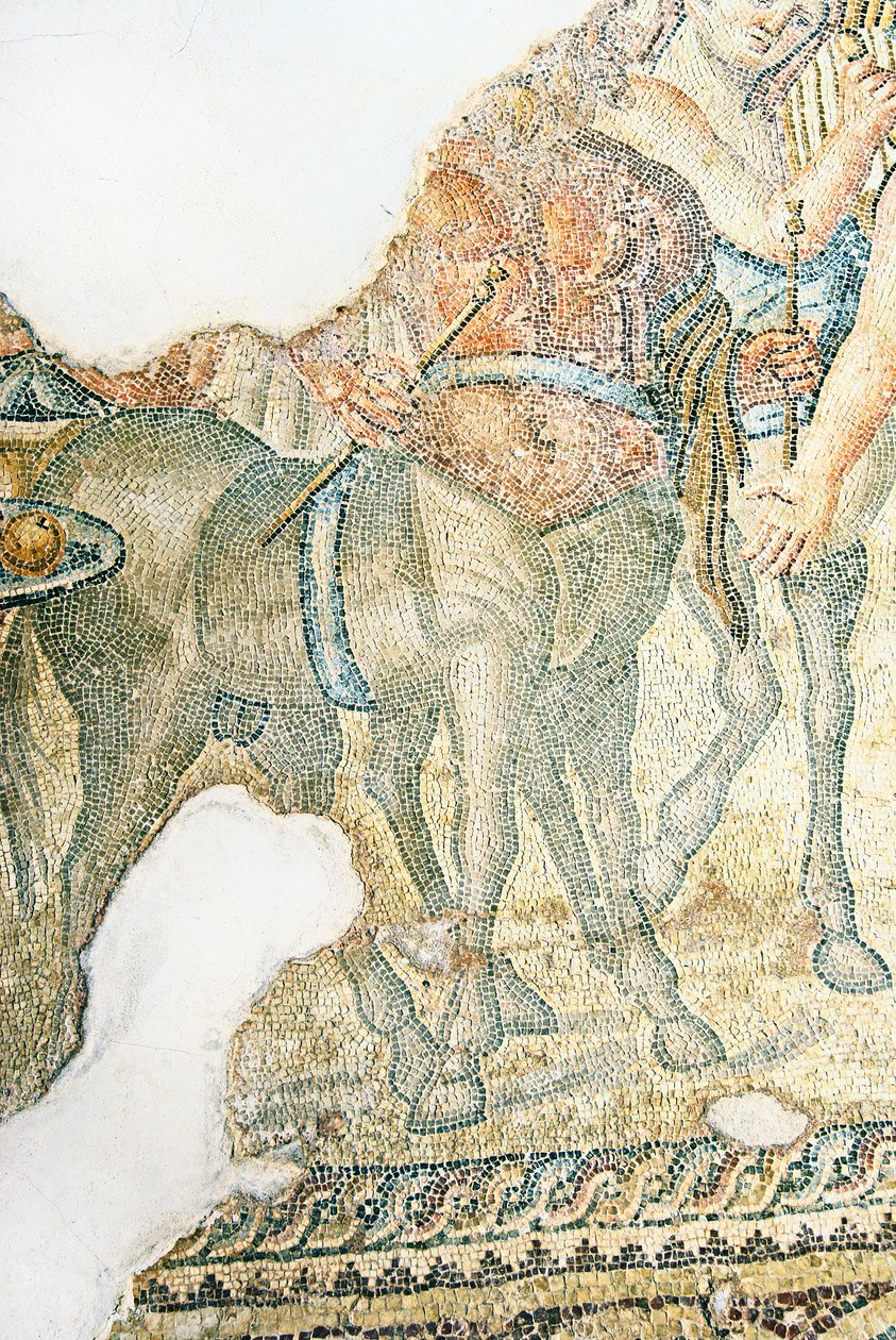 Dionüszosz diadalmas körmenete, két kentaur részlete, Aion háza, Paphos, ciprusi mozaik alkotó: Roman