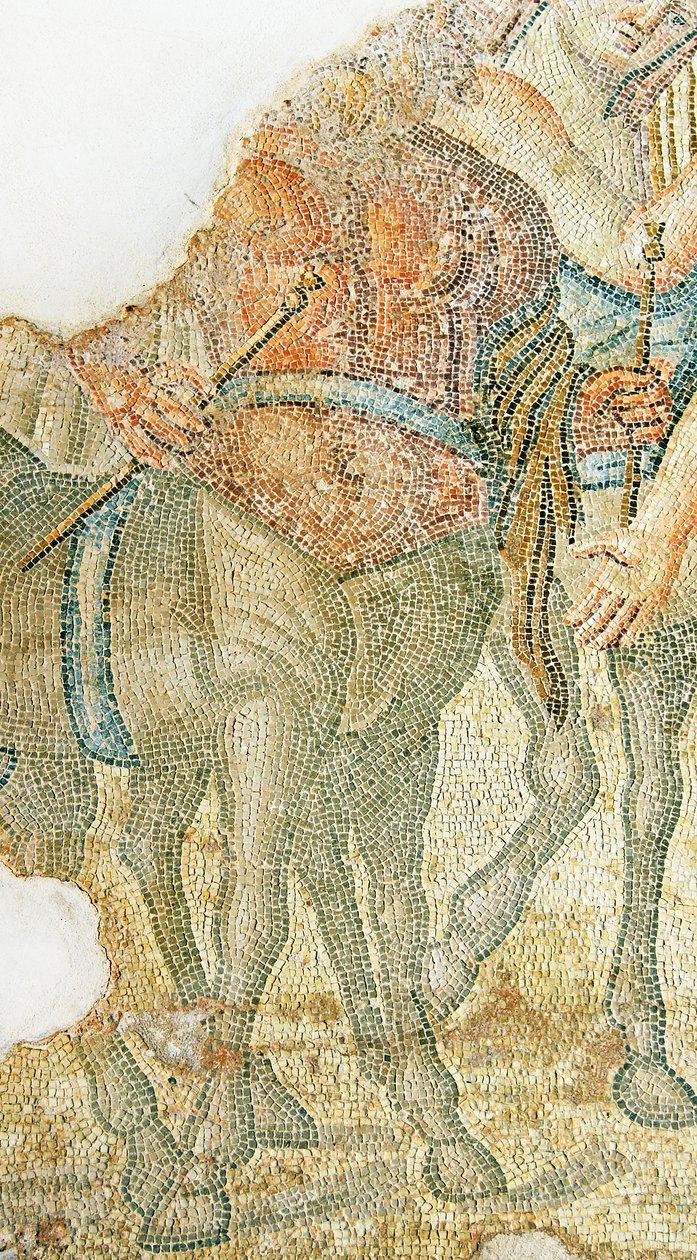 Dionüszosz diadalmas körmenete, két kentaur részlete, Aion háza, Paphos, ciprusi mozaik alkotó: Roman