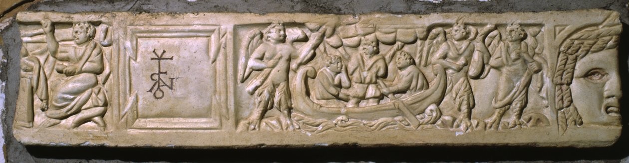 Ulysses és a szirénák, töredékes fedő egy szarkofágról (márvány) alkotó: Roman