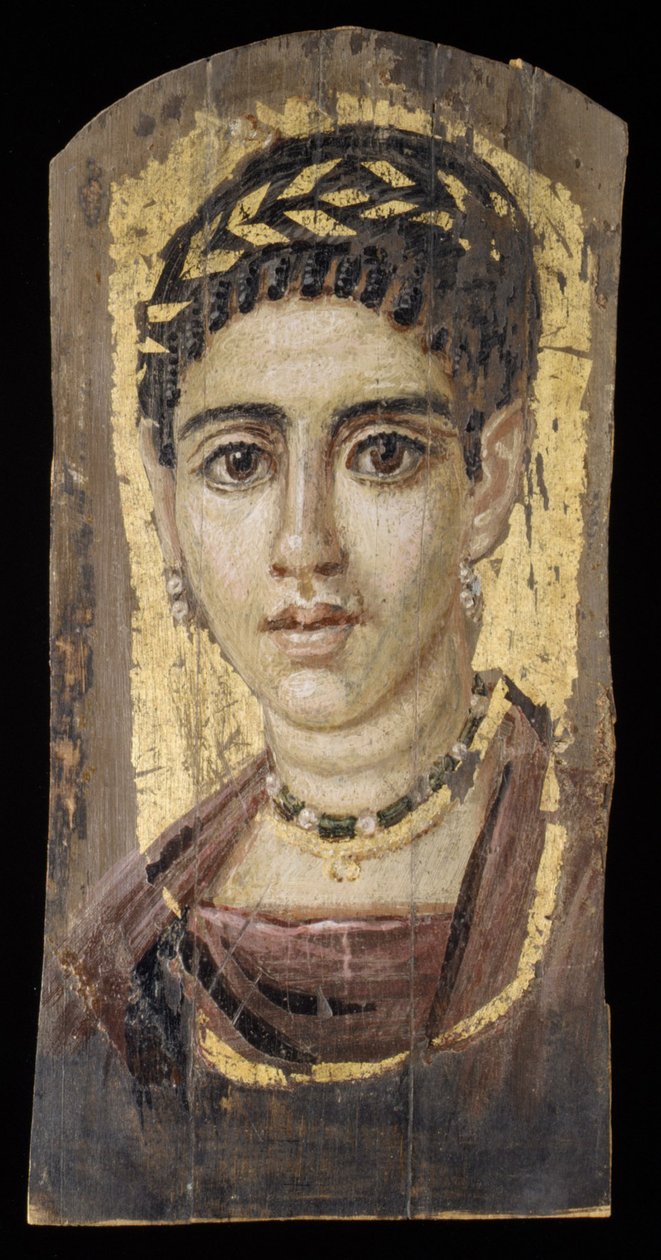 Fiatal nő portréja aranyozott koszorúval, i.sz. 120-140 (enkausztika, fa, aranylevél) alkotó: Roman Period Egyptian
