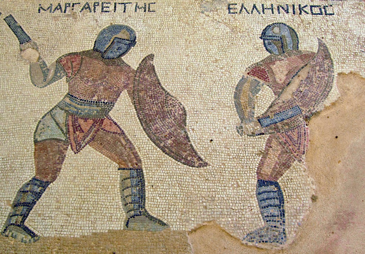 Harc két gladiátor között, Gladiátorok Háza, Kourion, Ciprus (mozaik) alkotó: Roman