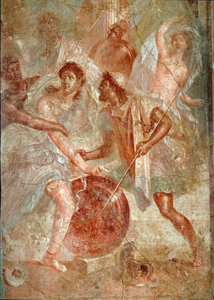 Achilles, a nők álruhája, Ulysses felismerte Lycomede a Scyros Pompei freskó lányai között. Kr.u. 1. század. Homályos. 145,5x137,5 cm Nápoly, Nemzeti Régészeti Múzeum - Római Művészet. Erőszakos harc Pompei és Nocer lakossága között alkotó: Roman