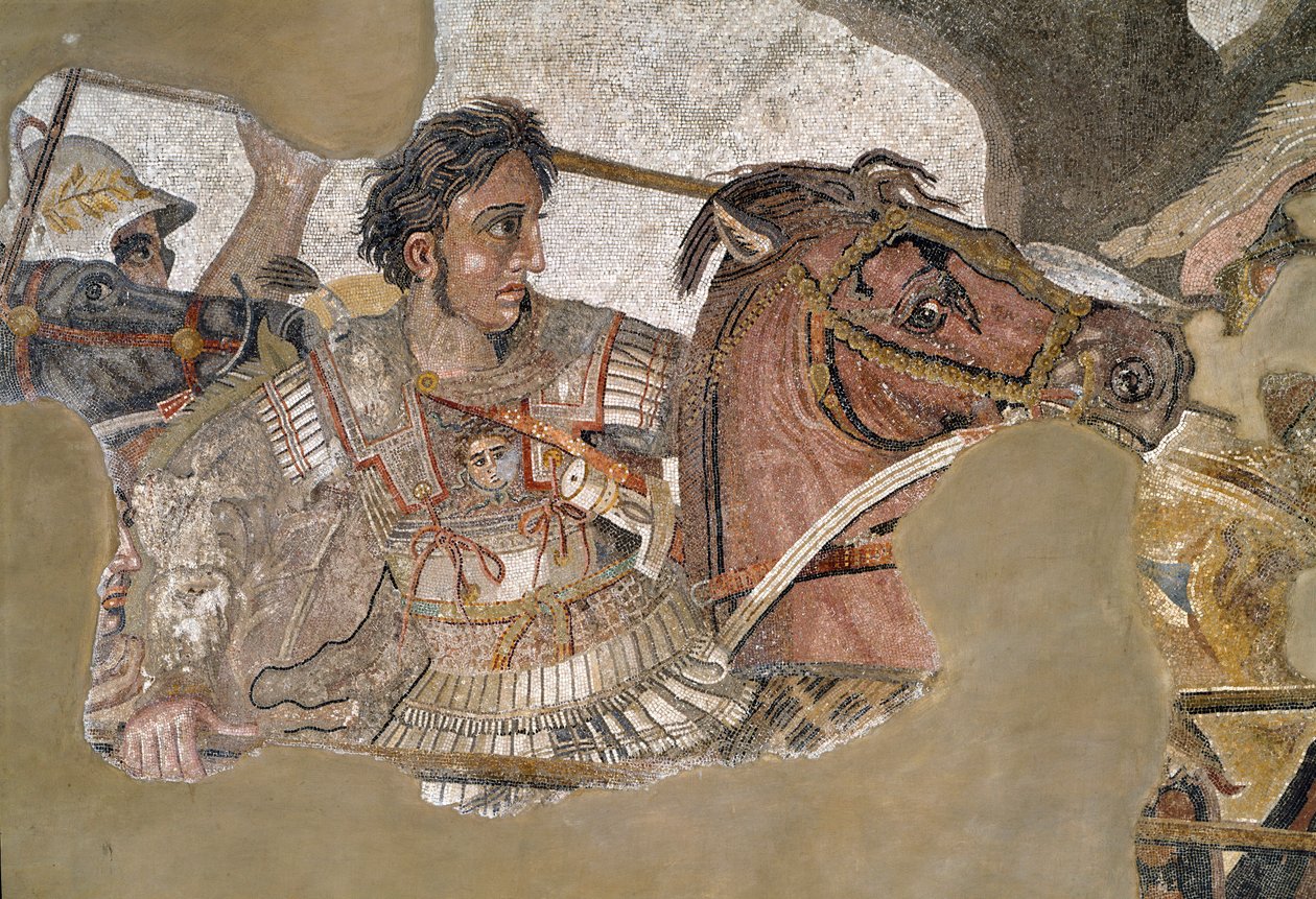Nagy Sándor (Kr. e. 356 - 323) Bucephale lován. Mozaik a pompeji Faun házából alkotó: Roman
