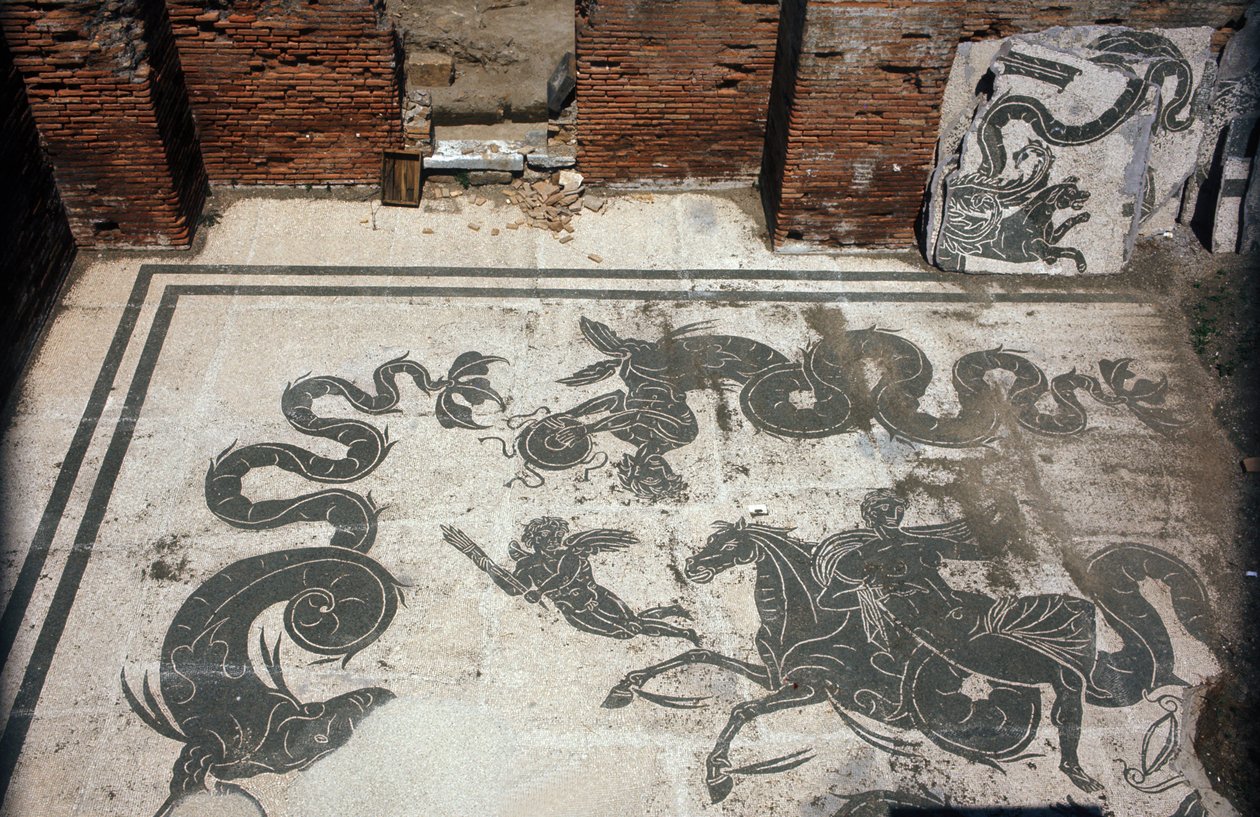 Ősi Ostia (Ostia). Place des Corporations. A Sabratha Seafarers Corporation mozaikja. Neptunusz fürdői. alkotó: Roman