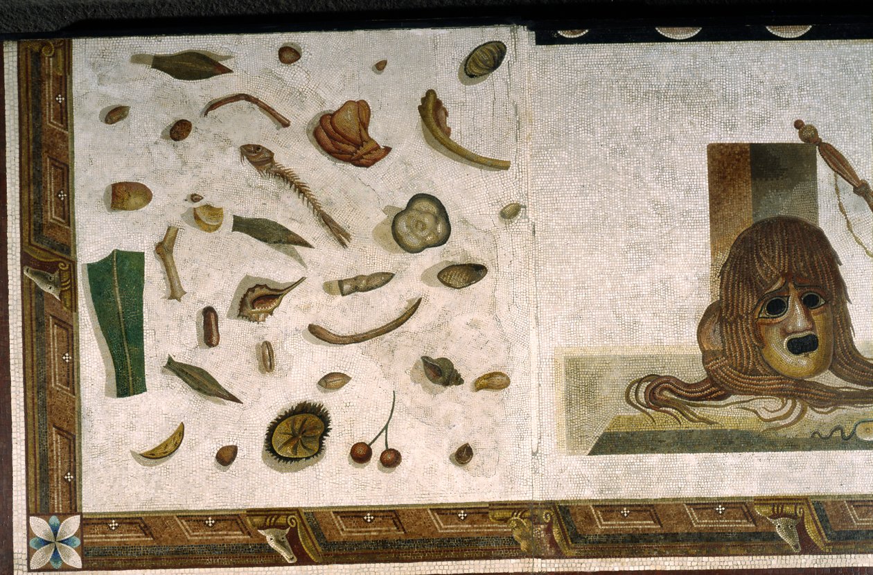 „Asarotos” (Söpöretlen padló) Harakliton által aláírt mozaiktöredékek Rómából, Kr.u. 2. század, Róma alkotó: Roman