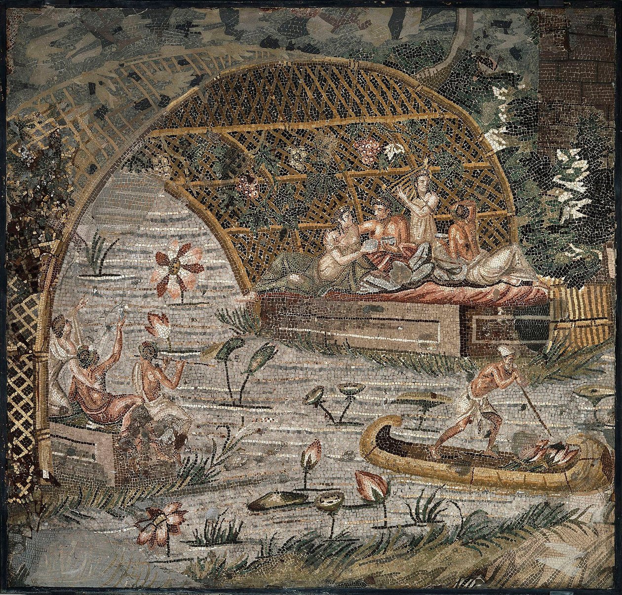 Bankett a Nílus melletti lugas alatt - Palestrina nílusi mozaikjának részlete - Kr.e. 3. század - Palestrina nílusi mozaikja - Kr.e. 3. század, 95x102 cm - Staatliche Museen, Berlin alkotó: Roman