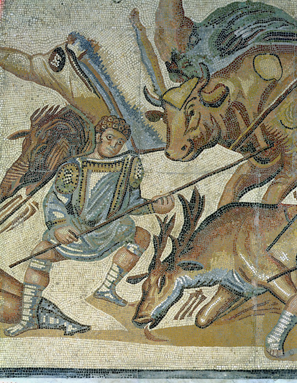 Csata gladiátorok és állatok között, részlet egy gladiátorról, aki egy bikát lándzsázik, i.sz. 320 (mozaik) alkotó: Roman
