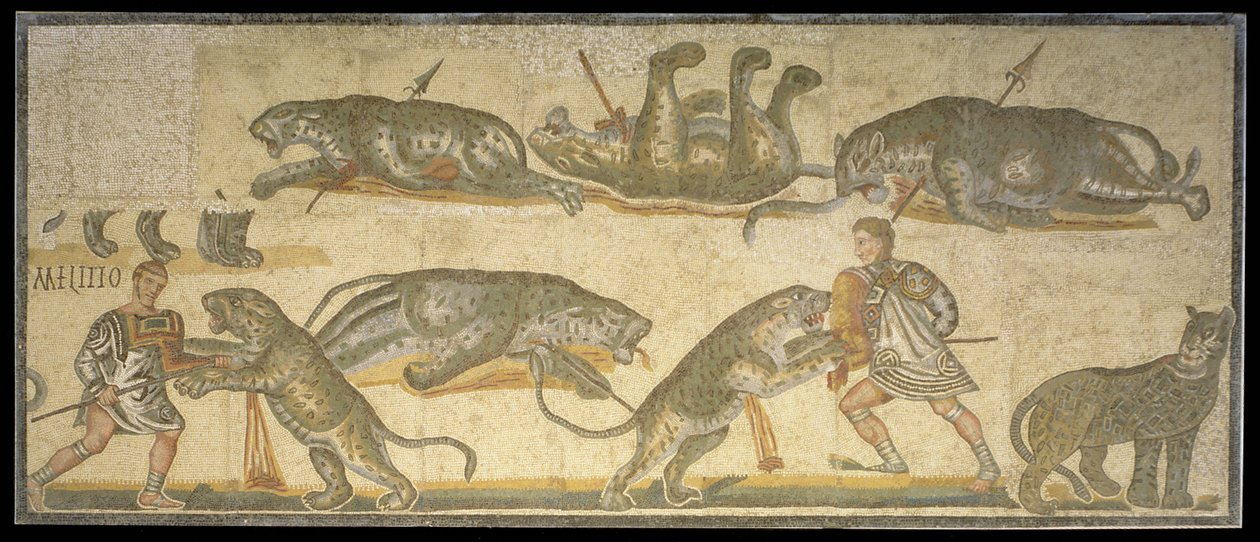 Csata gladiátorok és vadmacskák között, i.sz. 320 (mozaik) alkotó: Roman