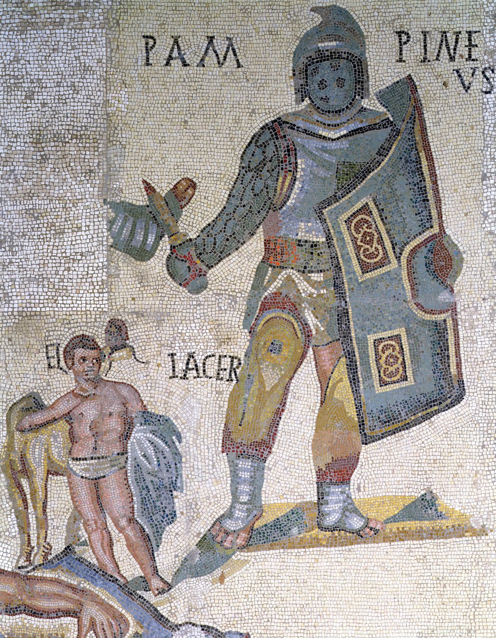 Gladiátorok közötti csata, egy tőrrel és pajzzsal felfegyverzett gladiátor részlete, i.sz. 320 (mozaik) alkotó: Roman