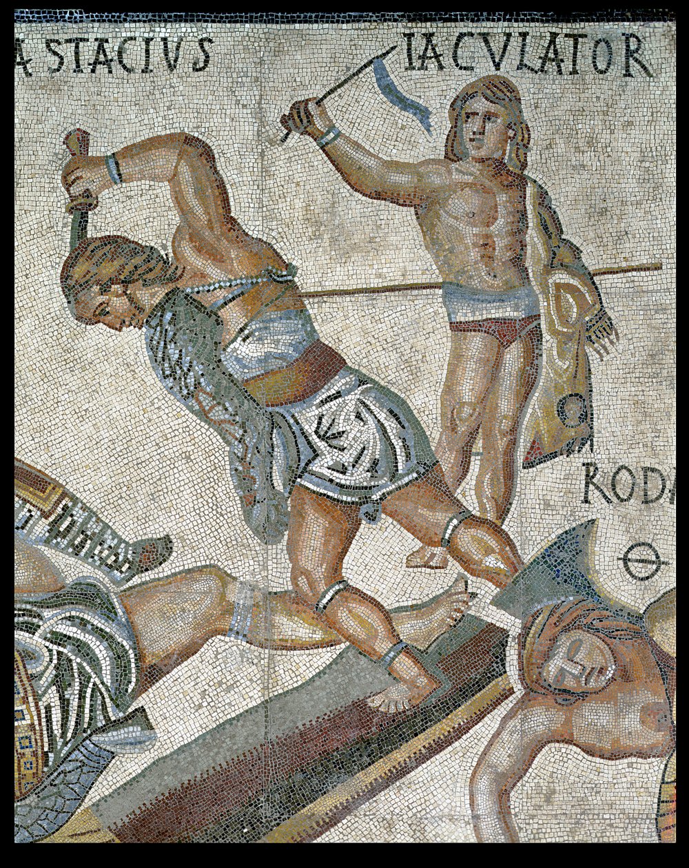 Csata gladiátorok között, részlet egy gladiátor harcáról és egy győztes gladiátorról, i.sz. 320 (mozaik) alkotó: Roman