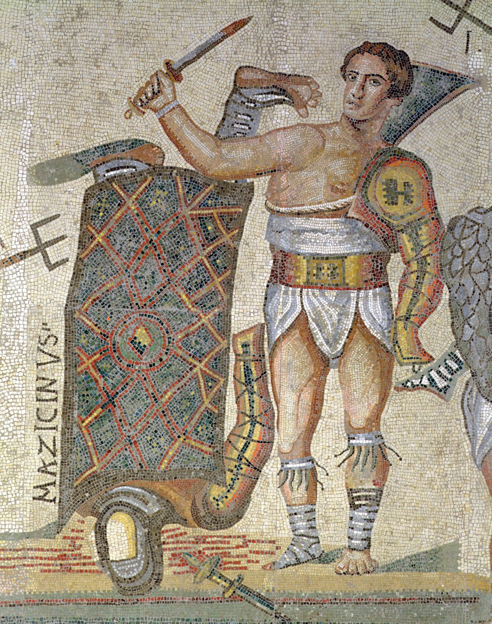 Gladiátorok csata, egy győztes gladiátor részlete, i.sz. 320 (mozaik) alkotó: Roman