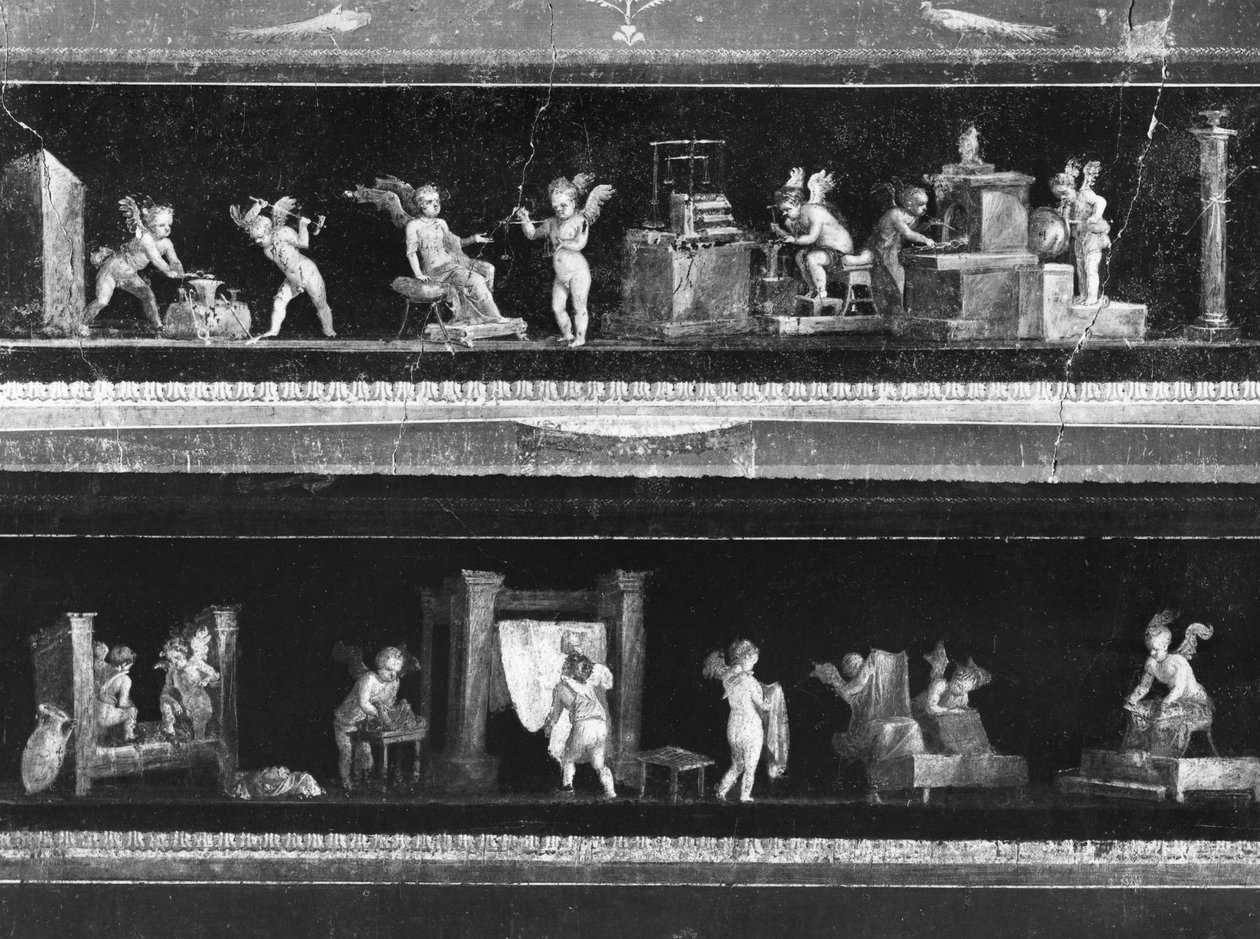 A kerubok pénzt keresnek és ruhát festenek, frízek a Casa dei Vettii (Vettik háza) Oecusából, i.sz. 50-79 körül alkotó: Roman