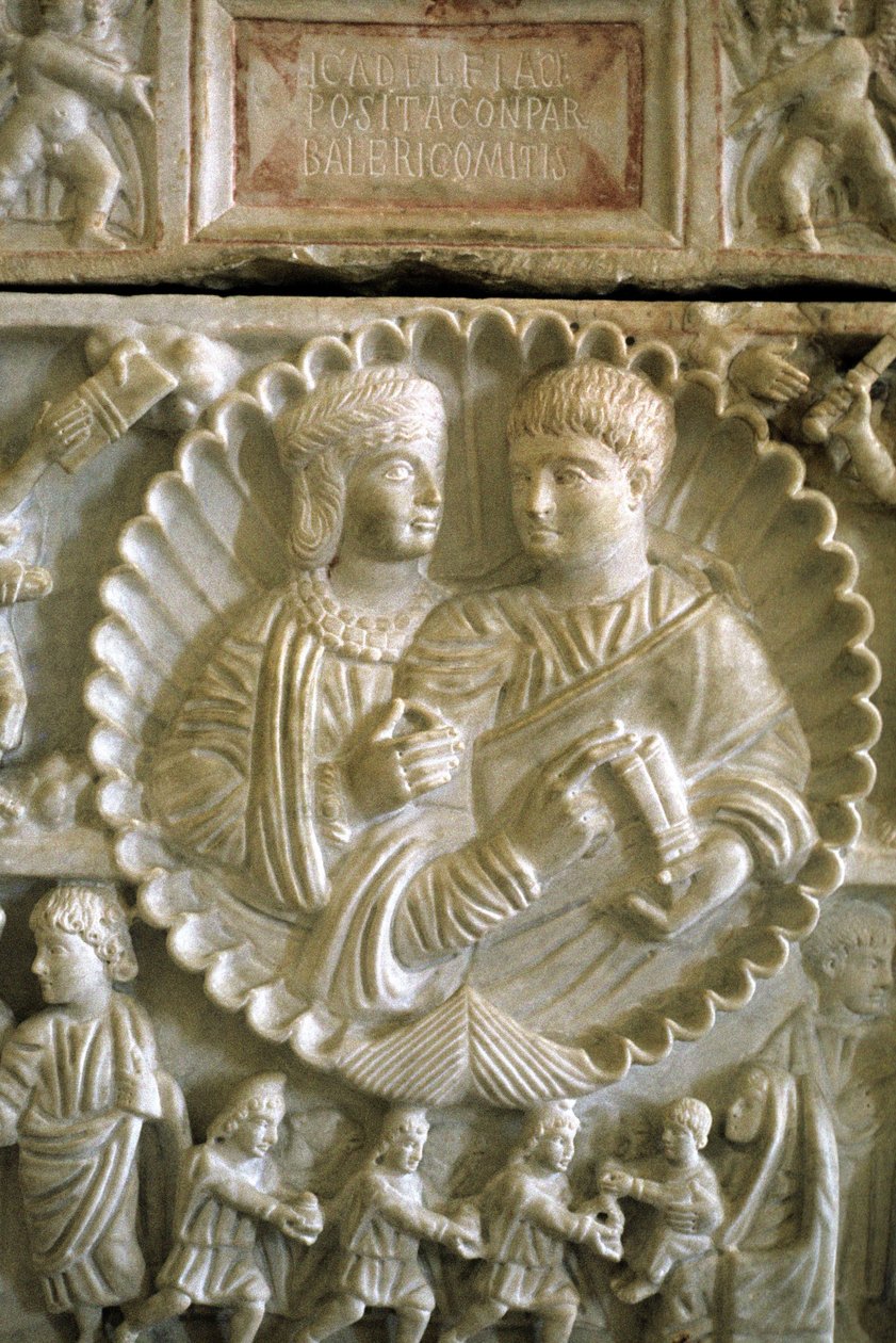 Keresztény művészet Kr.u. 313: Adelphia és Valerio. Az adelphiai szarkofág a szicíliai (Olaszország) Syracuse Múzeumban őrzött. alkotó: Roman