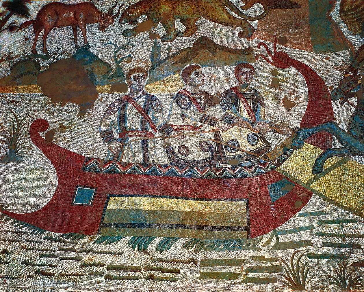 Részlet a Great Hunt mozaikból, Villa Romana del Casale, Piazza Armerina, Szicília, Olaszország, 4. század alkotó: Roman