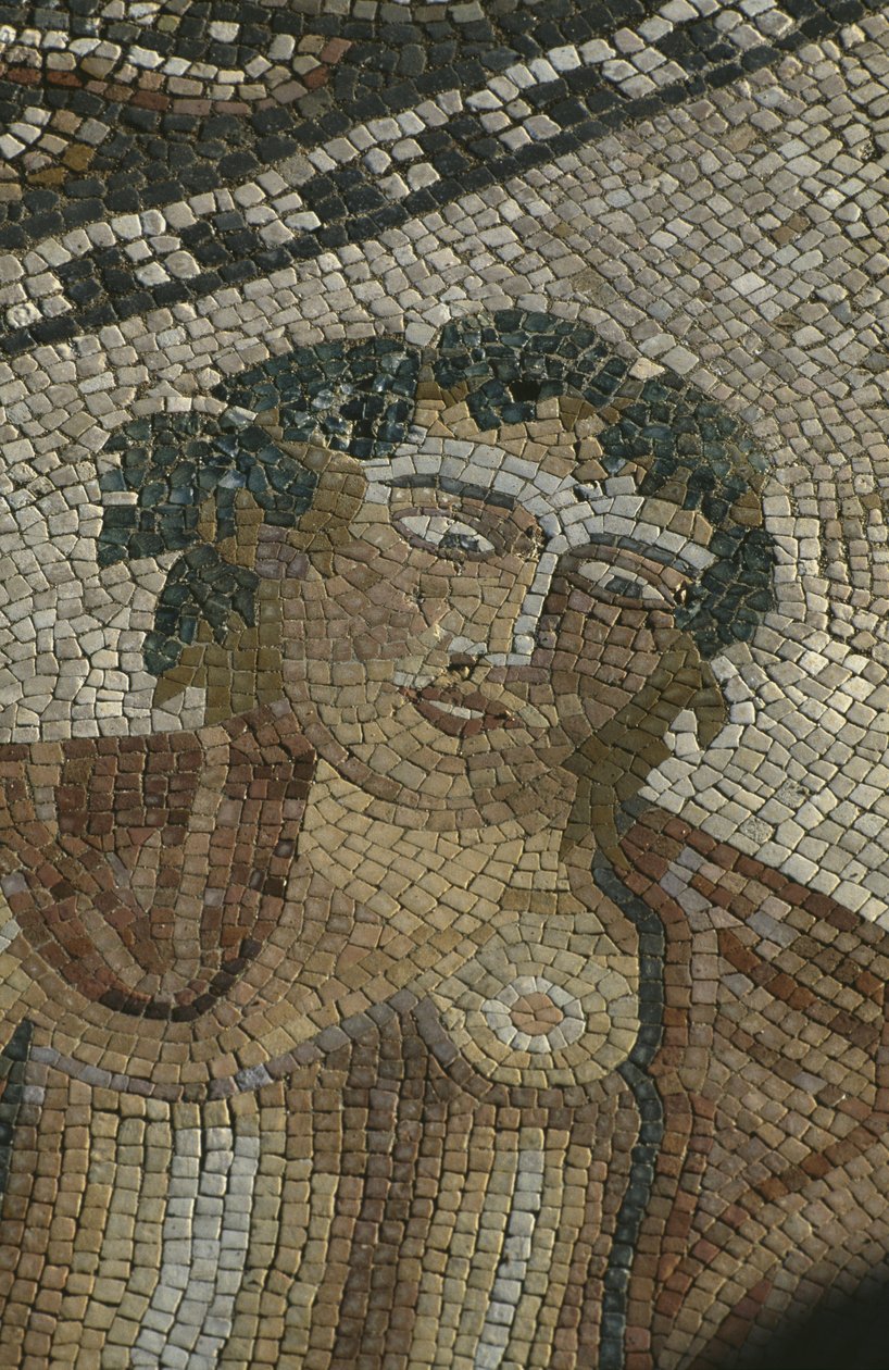 Dionüszosz felfedezi Ariane-t, aki alszik, részlet, Bacchus feje, a „Lovas” háza (mozaik) alkotó: Roman