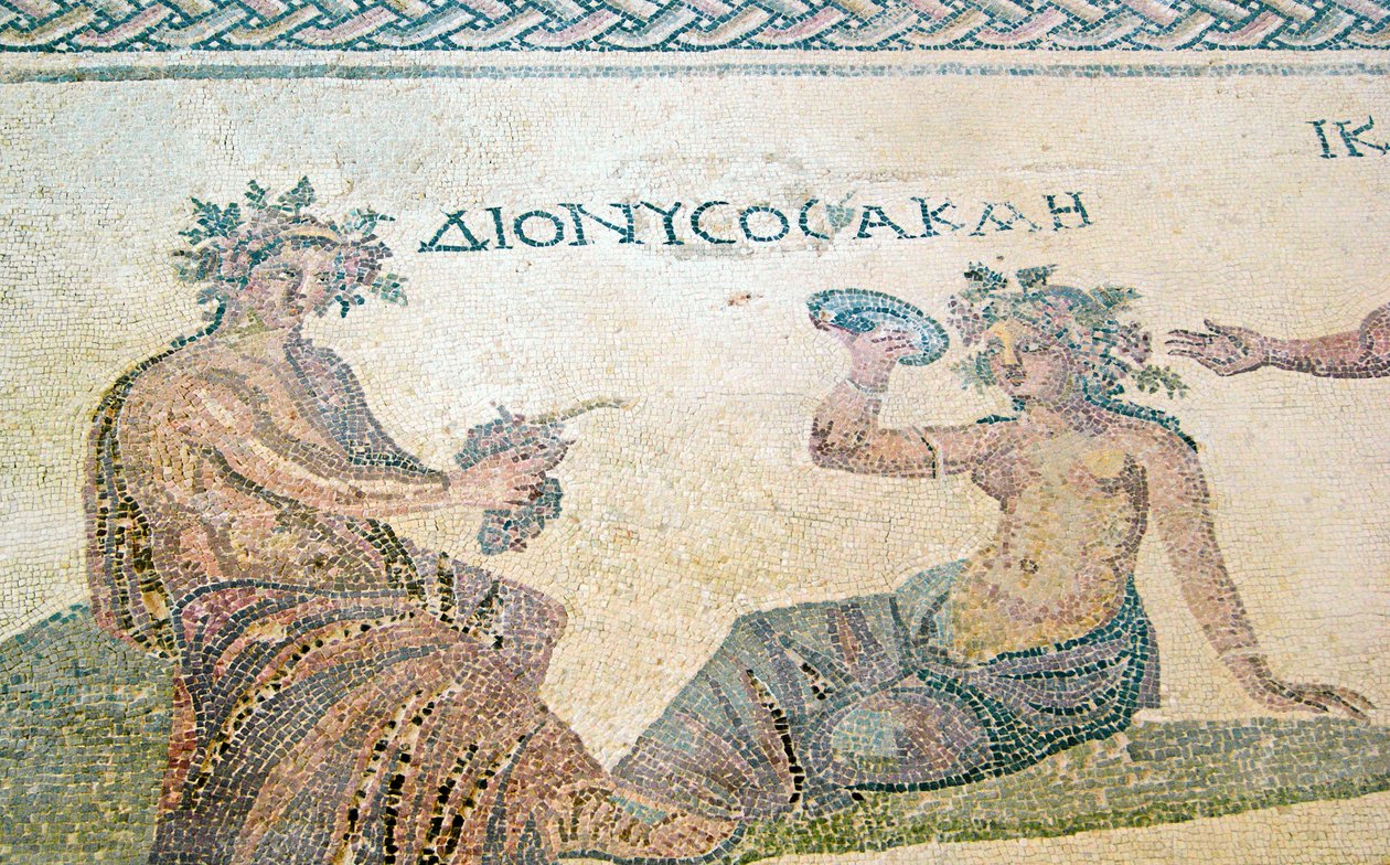 Dionüszosz tanácsot ad az Akme nimfának, Dionüszosz háza, Paphos, Ciprus (mozaik) alkotó: Roman