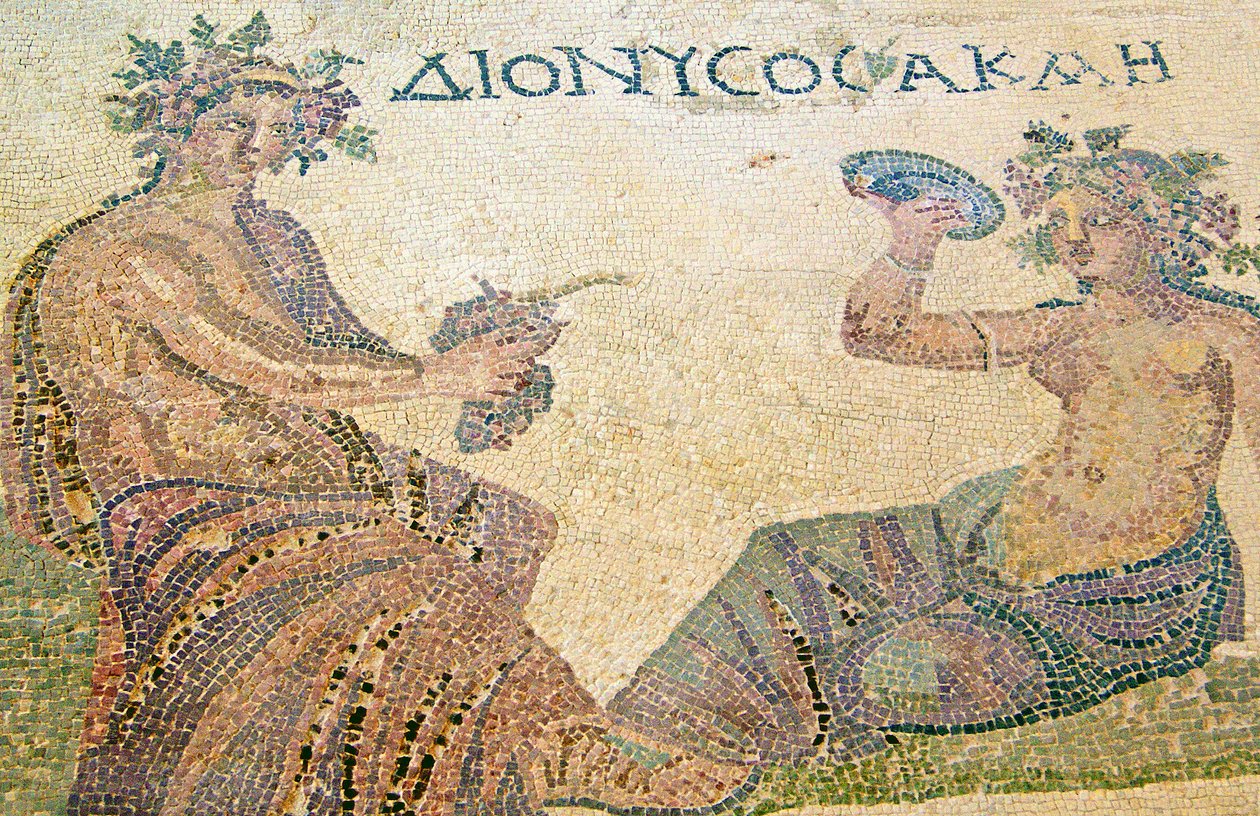 Dionüszosz tanácsot ad az Akme nimfának, Dionüszosz háza, Paphos, Ciprus (mozaik) alkotó: Roman