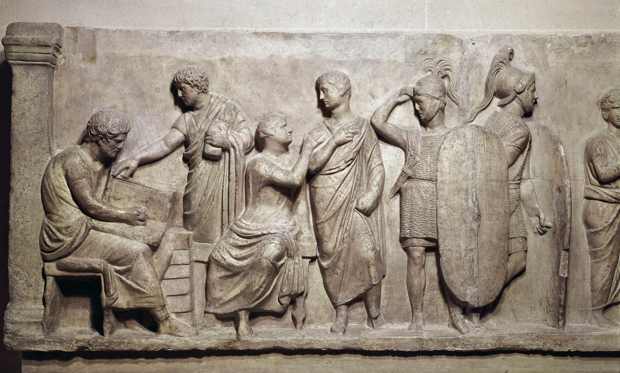 Domitius Achenobarbus, a polgárok anyakönyvezésének és Mars istennek való áldozatának részlete, Kr. e. ie 100 (márvány) alkotó: Roman