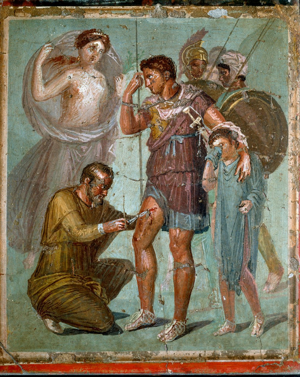 Enee sebesült fiával, Iulével, Iaso fia, a görög orvos, Iapige kezeli. Római freskó a Kr.u. 1. századból. Pompeiből. Nápoly, Nemzeti Régészeti Múzeum – Római művészet: A sebesült Aeneast Lapyges (vagy lapix vagy lapus vagy lapis, fia) kezeli alkotó: Roman