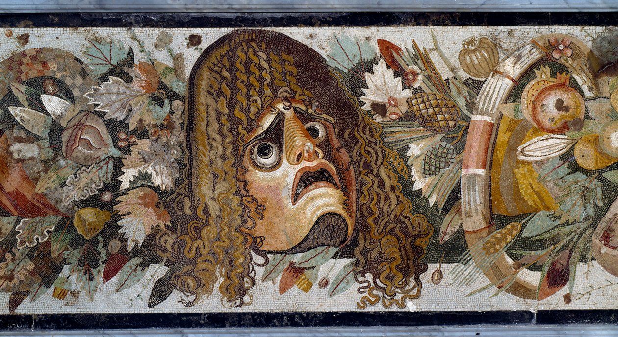 Feston maszkkal, levelekkel és gyümölccsel. Részlet. Mozaik a Casa del Fauno-ból Pompeiben, Kr.e. 2. században. Mérete: 280x49 cm. Museo Nazionale Archeologico, Nápoly – Római művészet: tragikus maszk, levelek és gyümölcsök dísze. Részlet. Mozaik a Faun Há alkotó: Roman