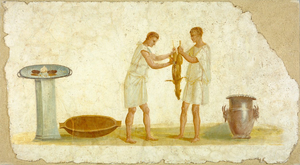 Freskótábla töredéke étkezési előkészítéssel, 100-150 körül alkotó: Roman