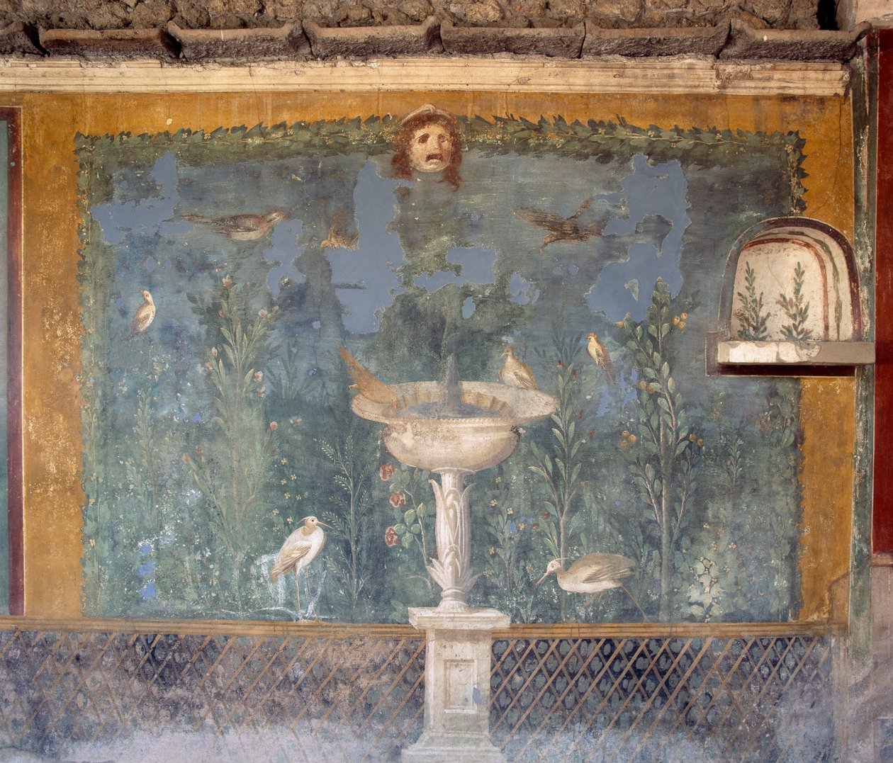 Freskó szökőkúttal, maszkkal és madarakkal, Vénusz háza Shellben, Pompeii (az Unesco világörökségi listája alkotó: Roman