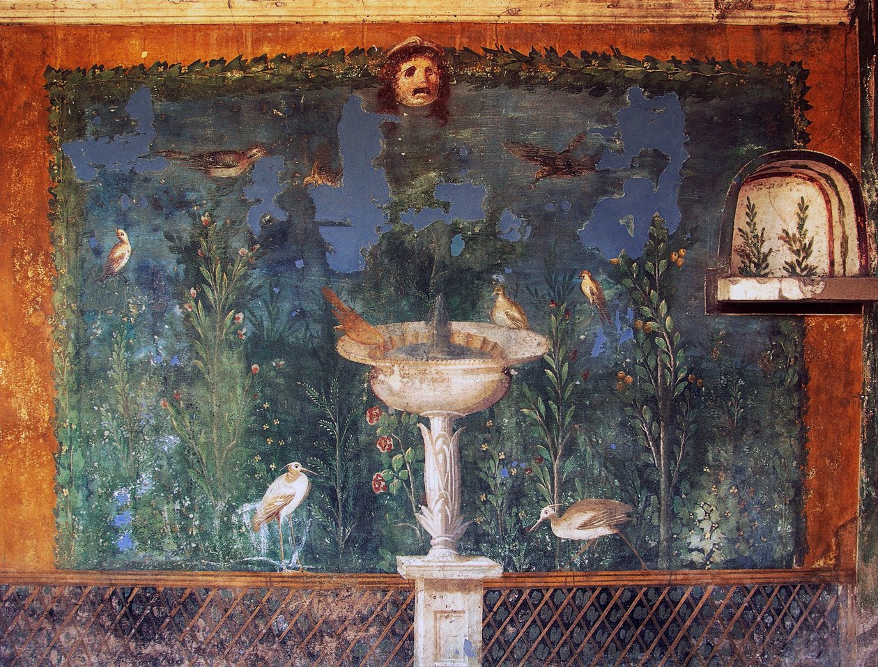 Freskó szökőkúttal, maszkkal és madarakkal, Vénusz háza kagylóban, Pompeii, Campania, Olaszország, római civilizáció alkotó: Roman