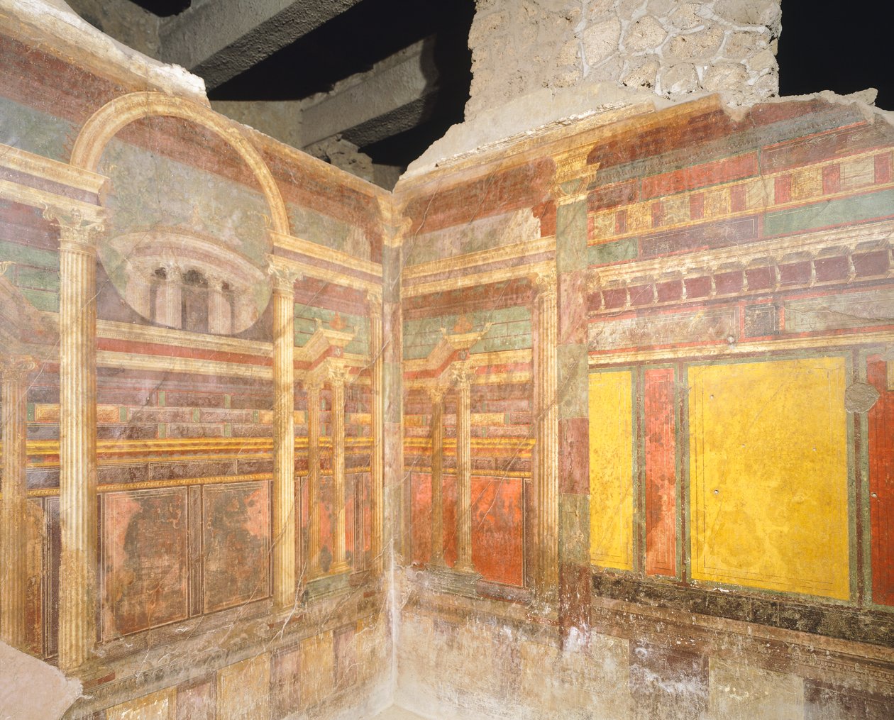 Második pompeusi stílusú freskók, amelyek hamis építészetet ábrázolnak a Rejtélyek Villa egyik szobájából, Pompeii, Campania, római civilizáció alkotó: Roman