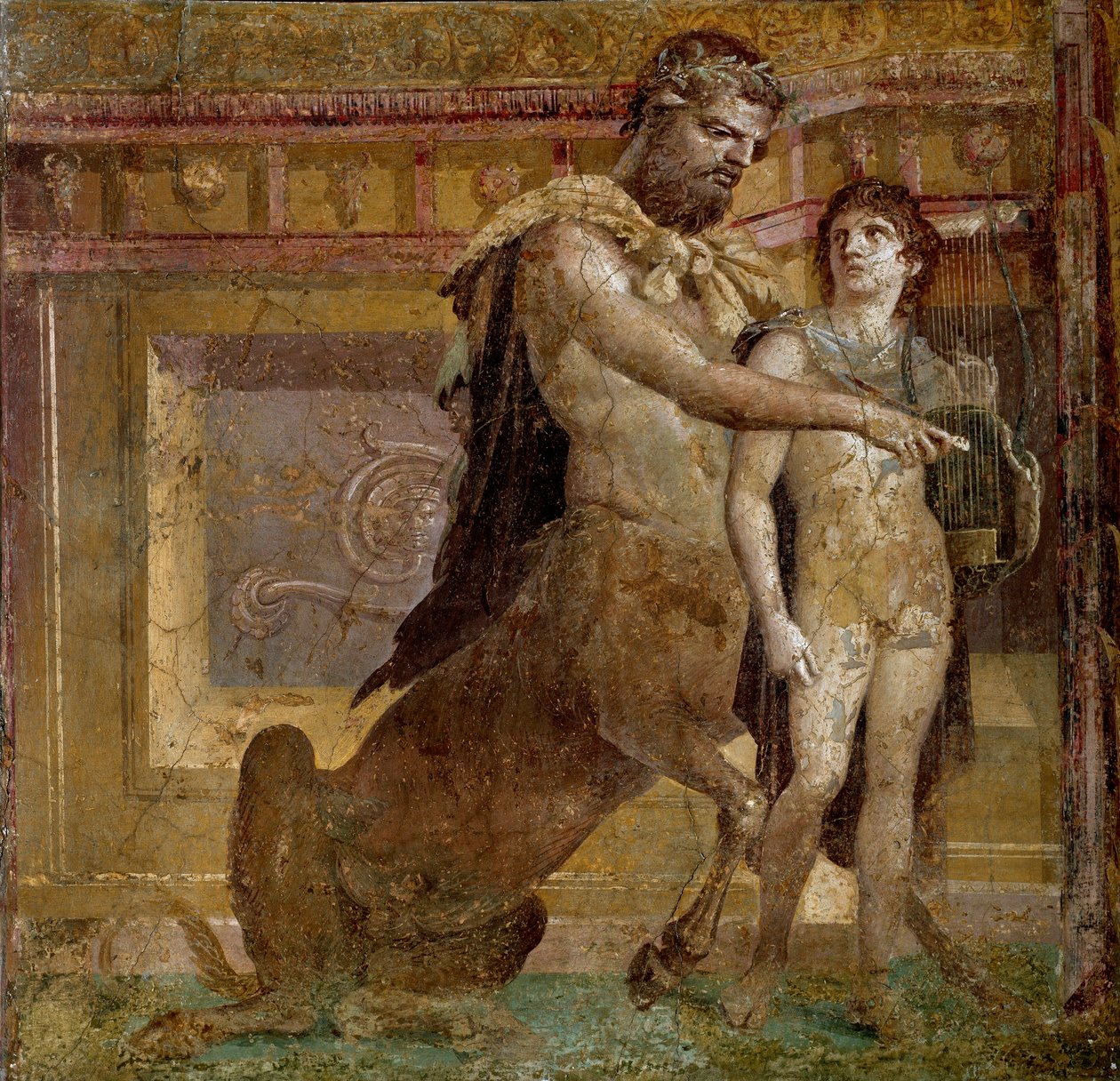 Görög mitológia: Chiron kentaur és Akhilleusz gyermeke. Freskó a Herculanum-bazilikából (Basilica di Ercolano). Római művészet Nápoly, Museo Archeologico Nazionale - Görög mitológia: Chiron kentaur és Achilles gyermeke vagy Akhilleusz nevelése, C. alkotó: Roman