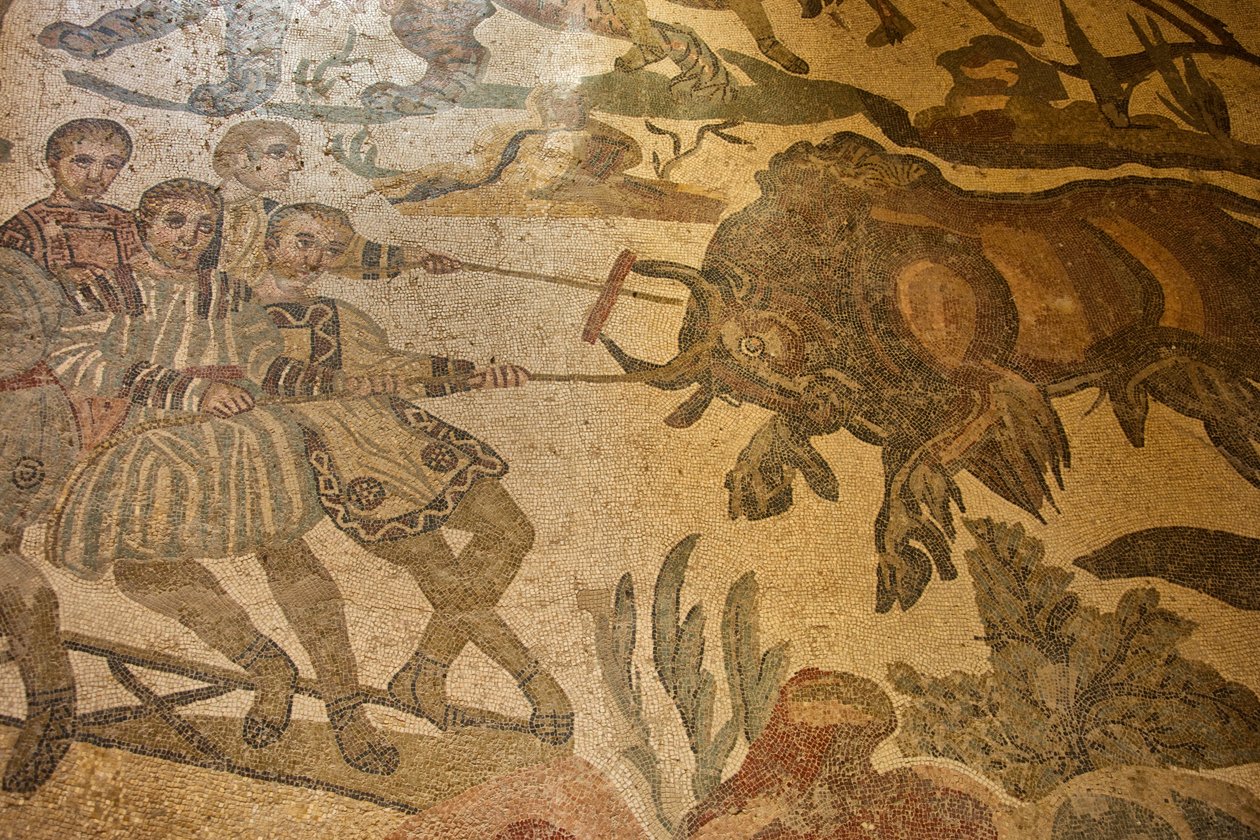 A nagy vadászat csarnoka, padlómozaik vadászjelenet, Villa Romana del Casale, Piazza Armerina, Szicília, Olaszország (fotó) alkotó: Roman