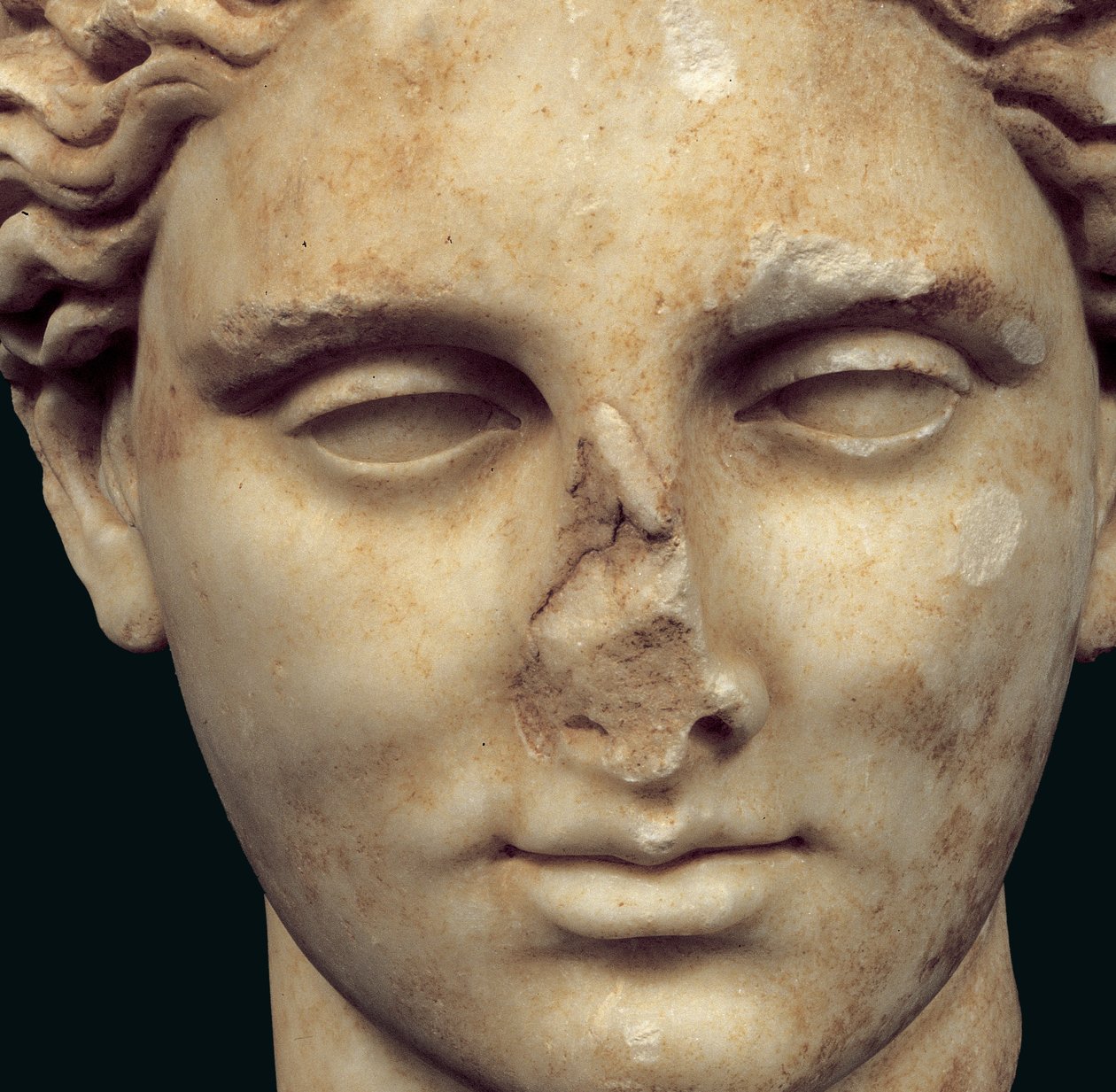 Apollo Sauroktonos (a gyíkgyilkos) feje, Praxiteles 4. századi görög bronz másolata, amelyet Kifissiában (márvány) találtak (271957 részlet) alkotó: Roman