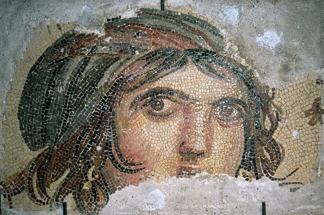 Egy cigánylány feje, Belkisből (ma Zeugma), Délkelet-Törökországból (mozaik) alkotó: Roman