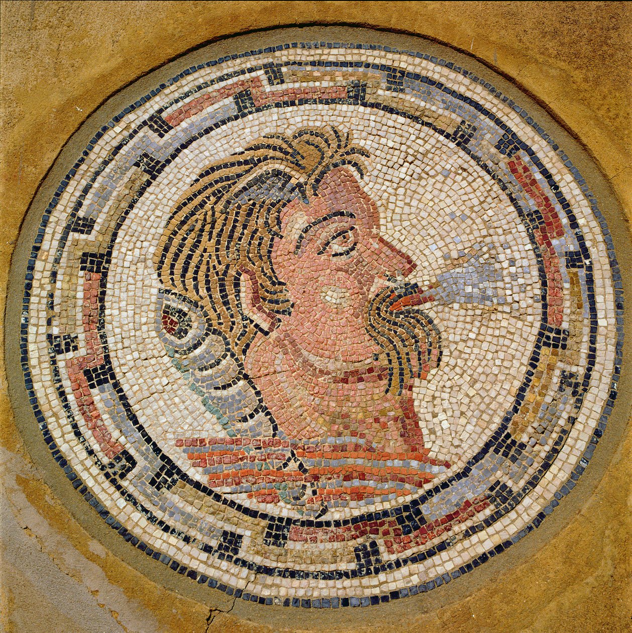 Férfifej, római mozaik az Orpheus-házból, Kr.u. 3. század (mozaik) alkotó: Roman